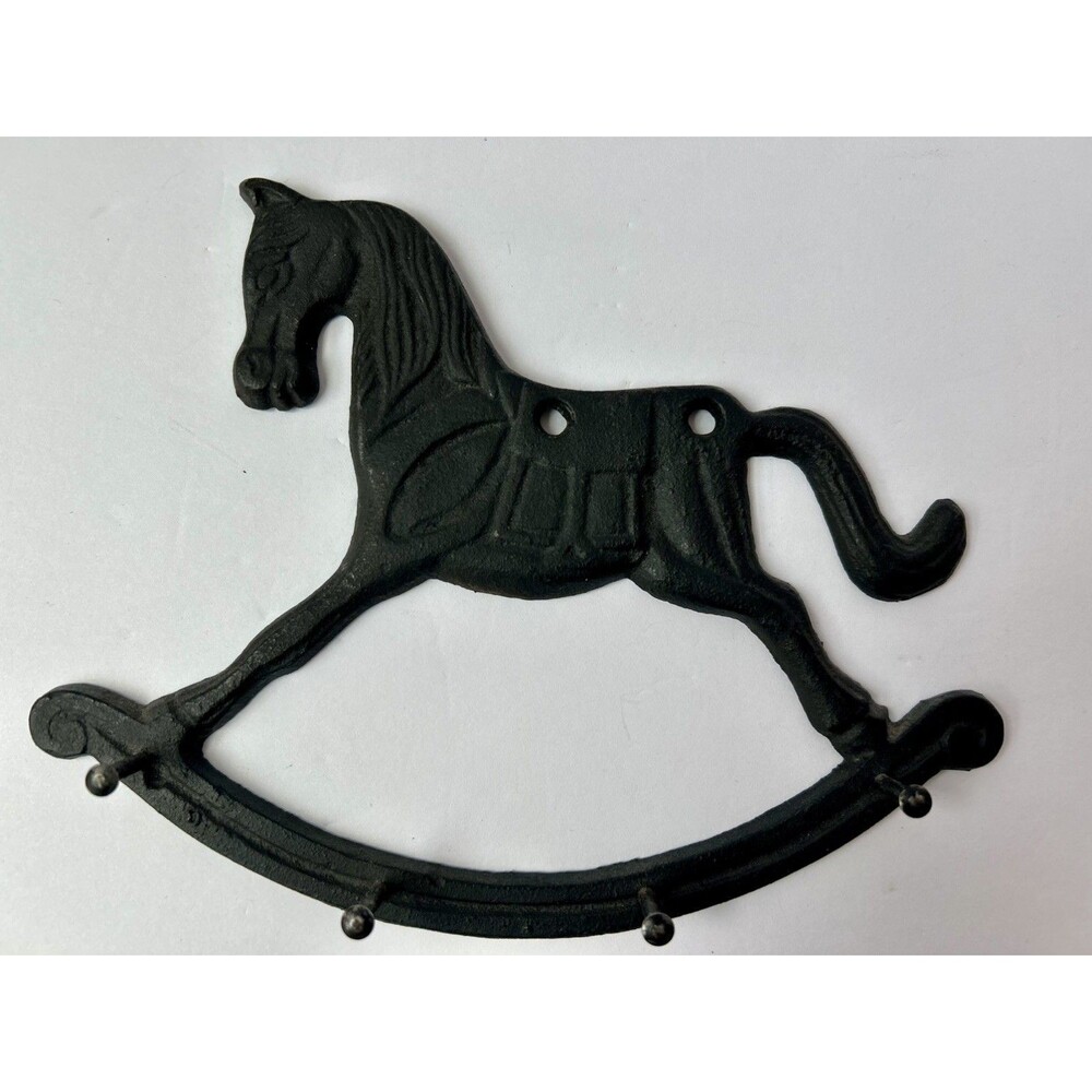 Vintage Cast Iron Wall Mount Rocking Horse Key Holder w/4 Pegs 8" Long
